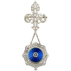 Boucheron Platinum Diamond Guilloche Royal Blue Enamel Lapel Watch, circa 1910s