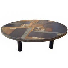Large Round Modernist Cocktail Table in Inlaid Stone by Paul Kingma