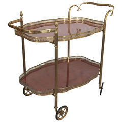 Italian Midcentury Hollywood Regency Two-Tier Bar Cart in Wood and Brass