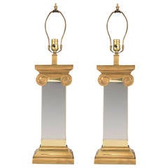 Pair of Midcentury Karl Springer Style Column Table Lamps in Brass and Lucite