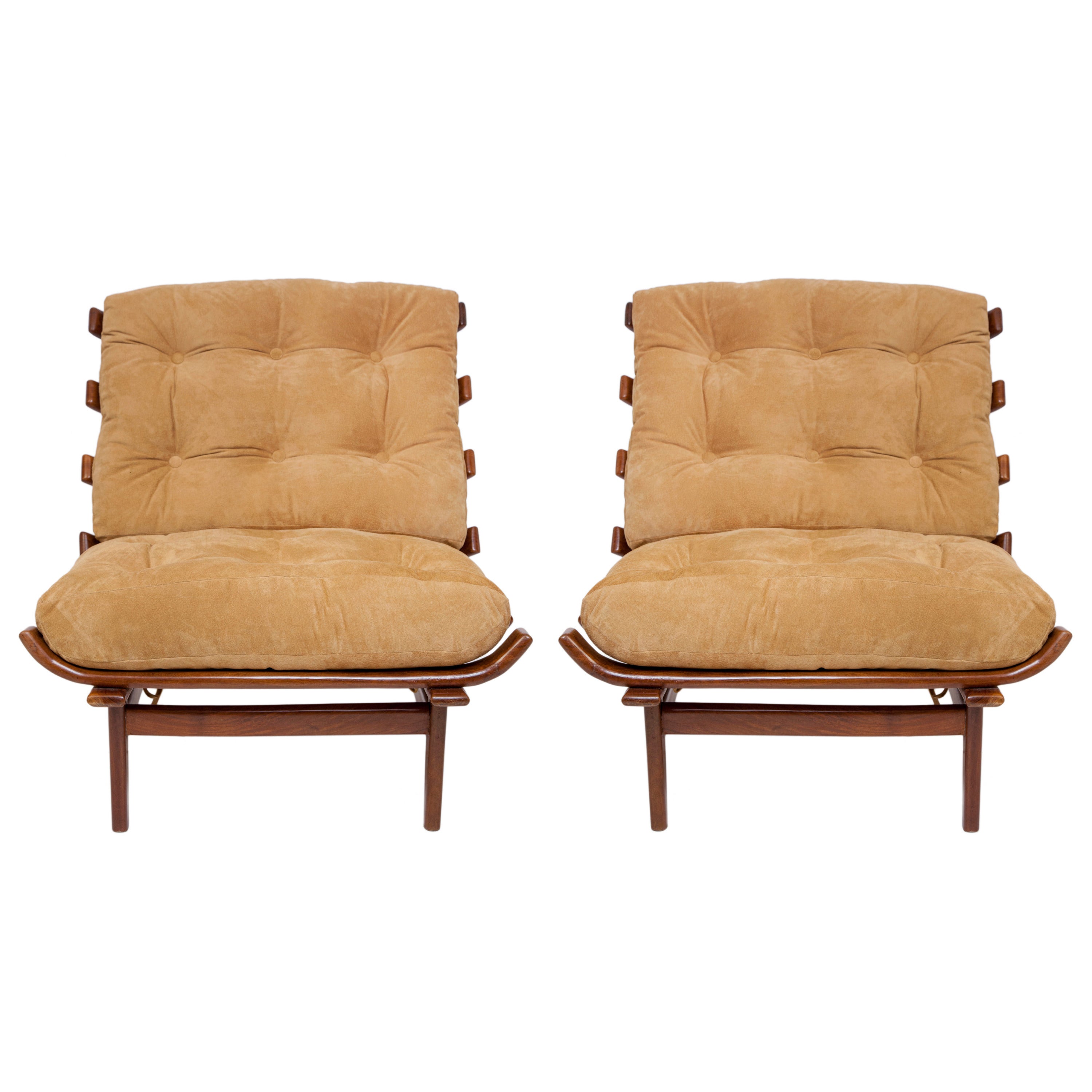 Pair of Rib Chairs in Brazilian Imbuia & Suede, Attributed to Martin Eisler