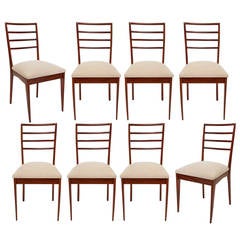 Midcentury Set of Eight Brazilian Caviuna Wood Dining Chairs with Linen Seats