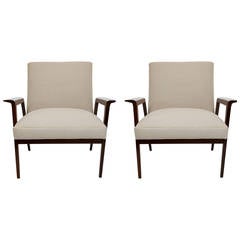 Pair of Brazilian Imbuia Wood Armchairs with Beige Linen by Gelli