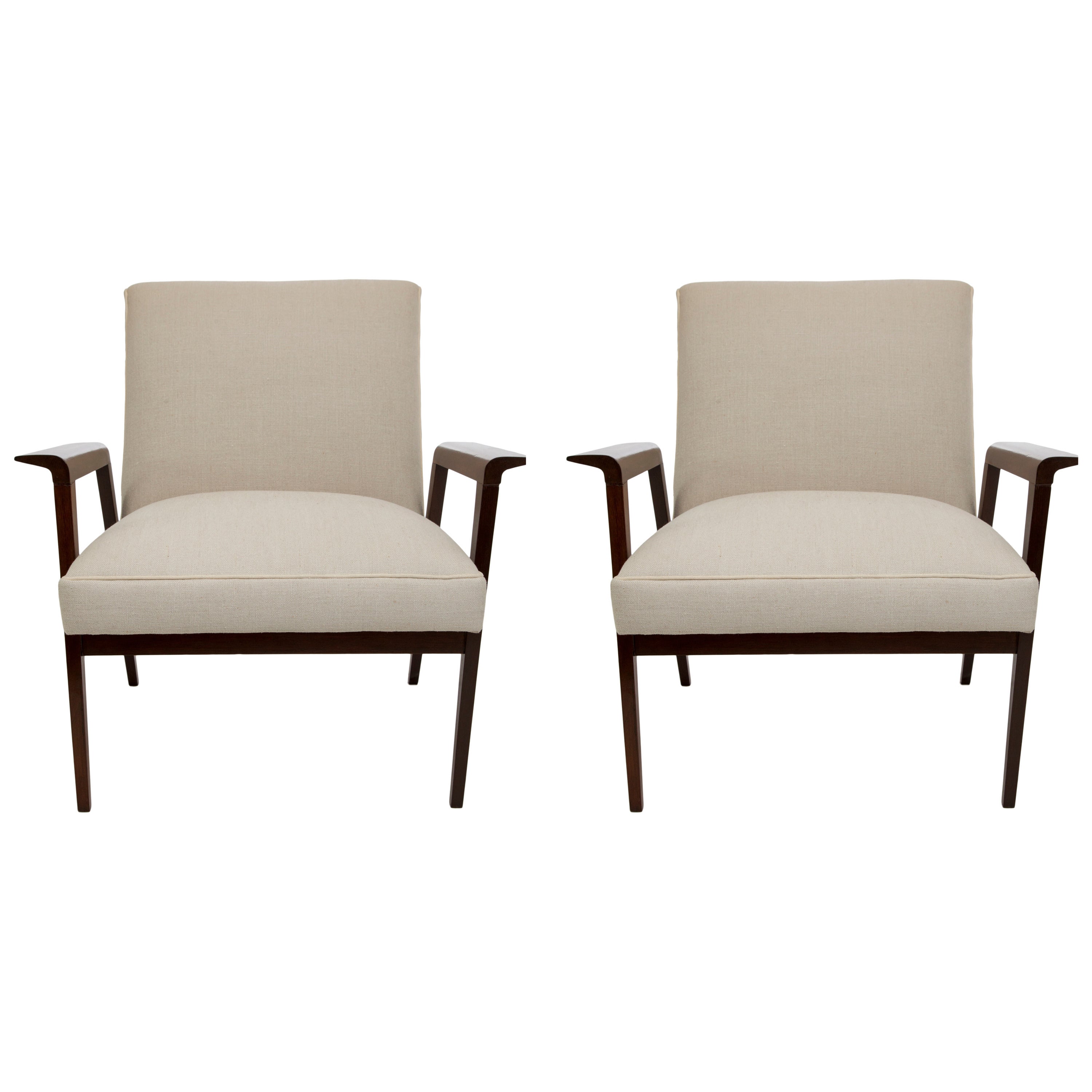 Pair of Brazilian Imbuia Wood Armchairs with Beige Linen by Gelli
