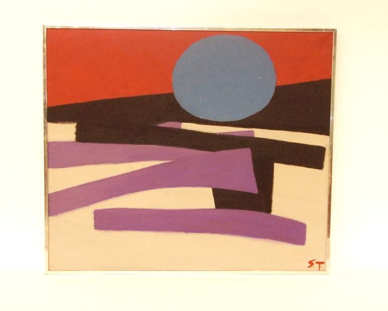 An abstract painting in black, red, purple and blue on white background. The piece is by American artist Sally Turner and initialed S.T. in the lower right.