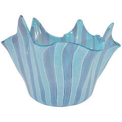 Blue Glass 'Handkerchief' Vase with Latticino in White and Rose by Venini