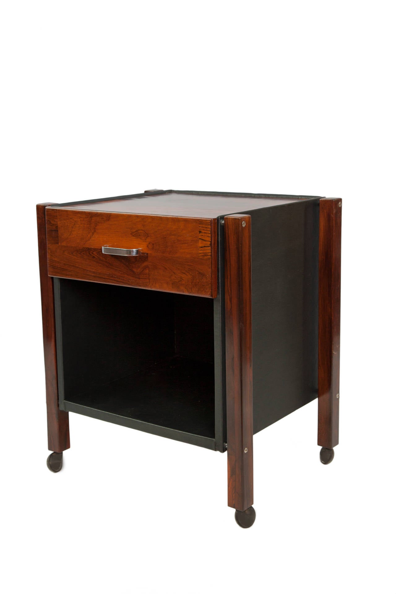 Brazilian Pair of Jorge Zalszupin Side Tables in Jacaranda and Black Leather for L'Atelier