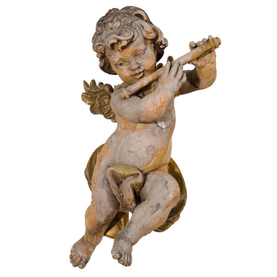 Antique Carved Wood Musical Putto or Cherub Sculpture
