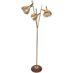 Italian Stilnovo Style Three-Light Floor Lamp in Brass with Wood Accents