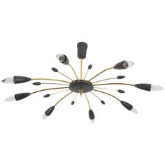 Midcentury Stilnovo Style Spider Chandelier in Brass and Black Lacquered Wood 4