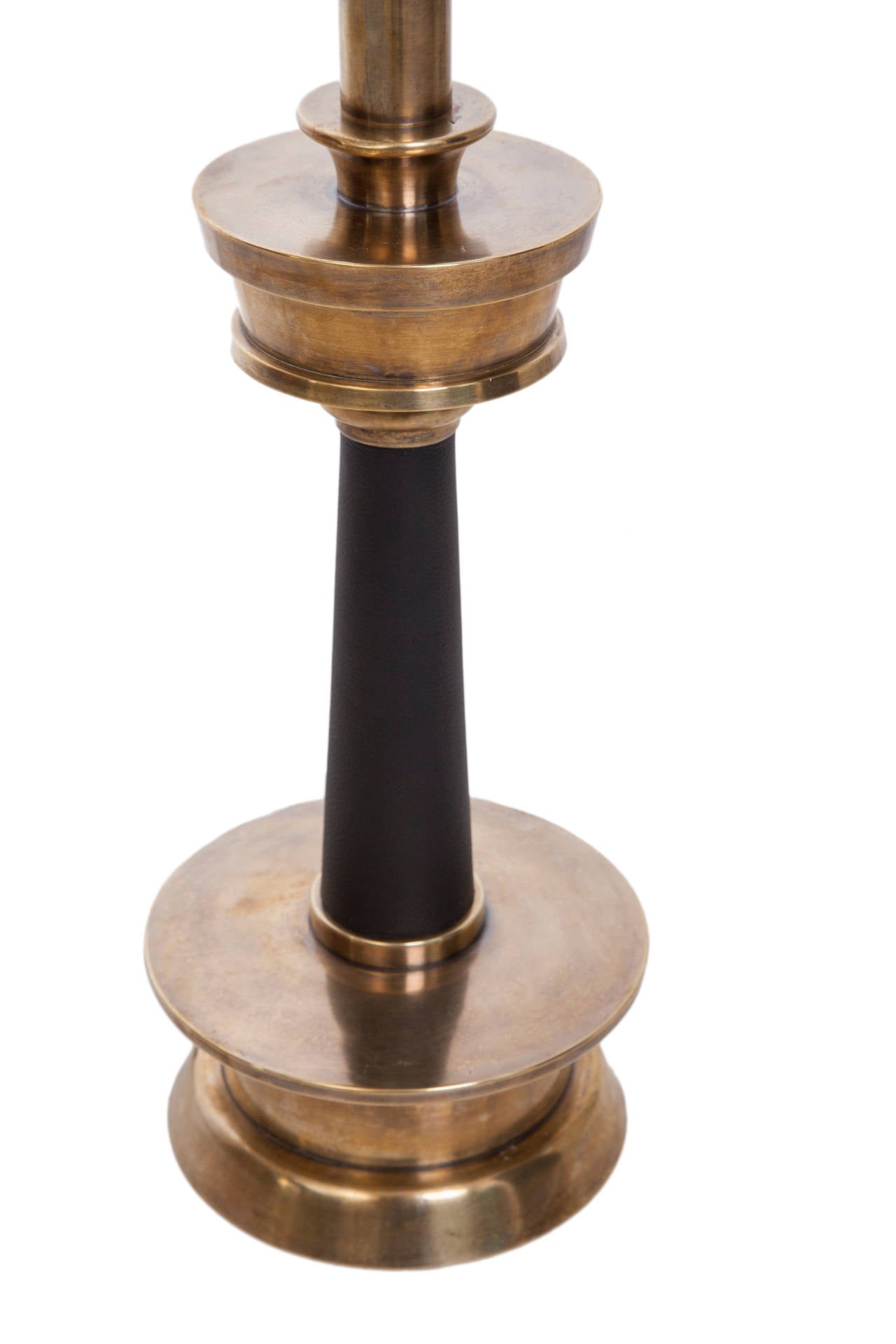 Mid-Century Modern Pair of Mid-Century Candlestick Table Lamps in Black Leather and Brass