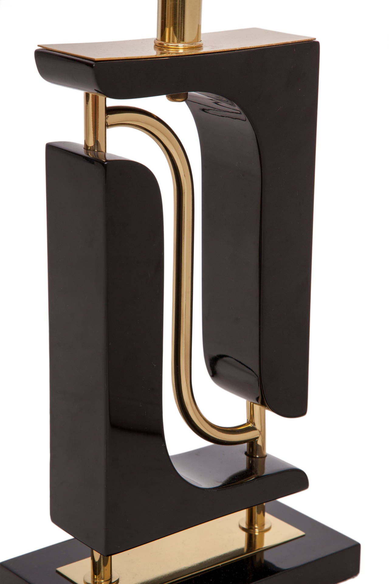 Painted Midcentury Sculptural Table Lamp in Black Resin with Brass Details