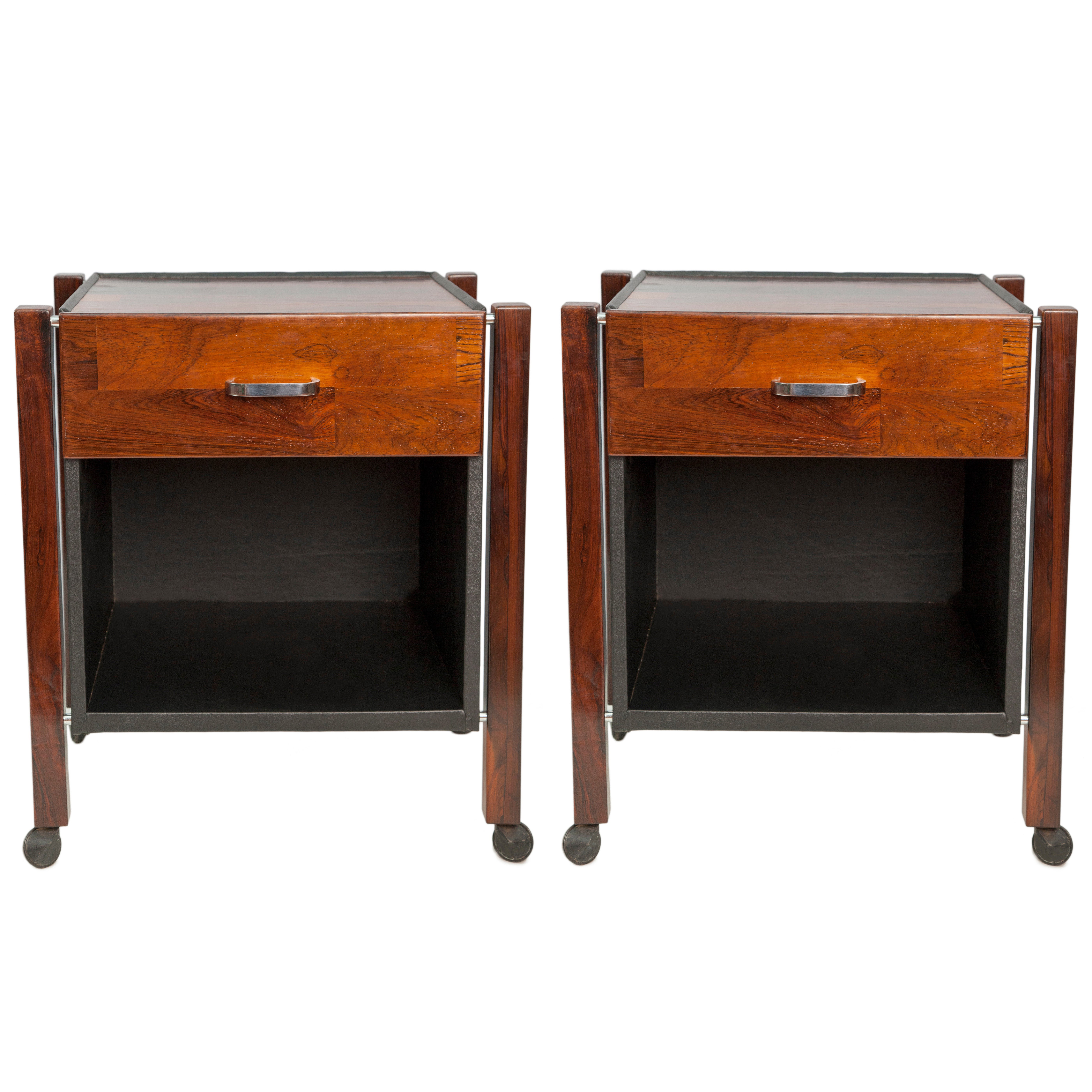 Pair of Jorge Zalszupin Side Tables in Jacaranda and Black Leather for L'Atelier