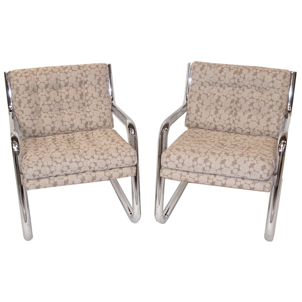 Pair of Mid Century Chrome Frame Chairs w/ Dotted Upholstery