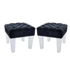 Vintage Pair of Lucite and Black Velvet Stools by DeLoach