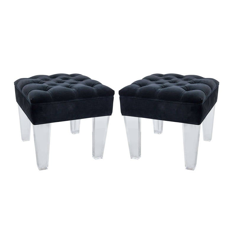 Vintage Pair of Lucite and Black Velvet Stools by DeLoach at 1stDibs