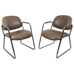 Pair of Midcentury Shaw Walker Chrome Armchairs with Original Mushroom Leather