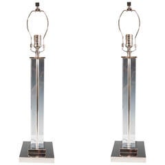 Pair of T.H. Robsjohn-Gibbings Style Lucite Table Lamps on Chrome Plate Bases