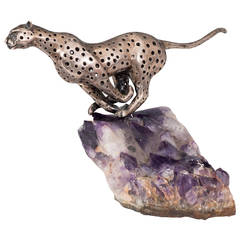 A Thomas Francois Cartier Style Sterling Silver Cheetah on Amethyst Geode Base