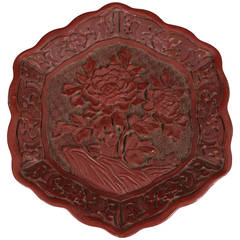 Chinese Late 18th Century Hexagonal Cinnabar Plate with Floral Detail