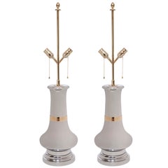 Pair of Midcentury Plated Chrome Baluster Table Lamps with Brass Detail