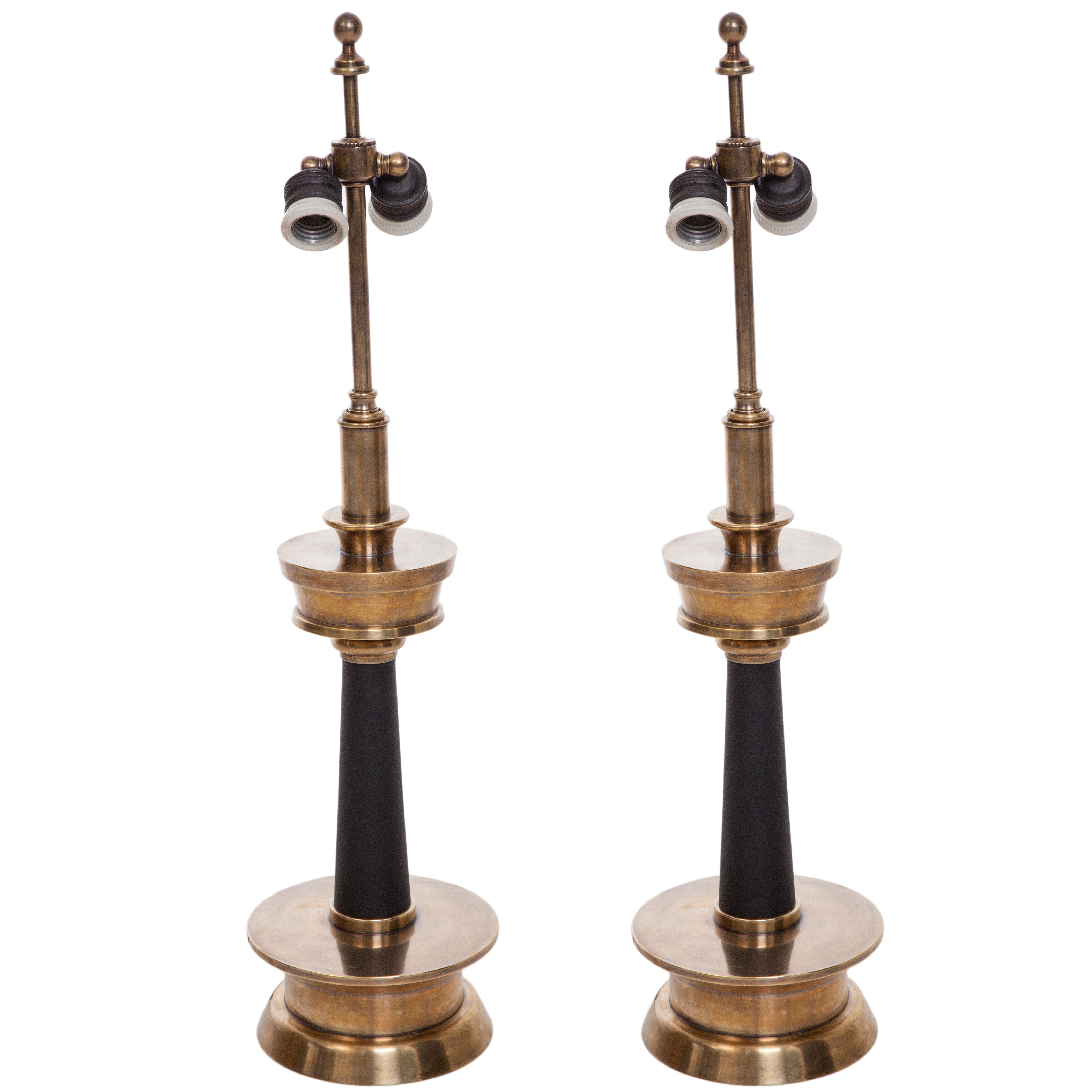Pair of Mid-Century Candlestick Table Lamps in Black Leather and Brass