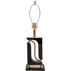 Midcentury Sculptural Table Lamp in Black Resin with Brass Details