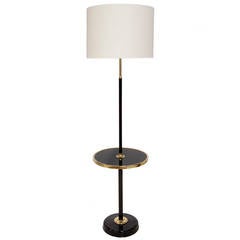 Mid-Century Three-Light Black Lacquer Floor Lamp with Round Table