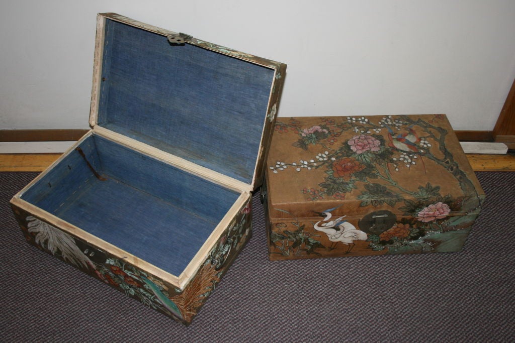Pair of Chinese Painted Pigskin Trunks 6