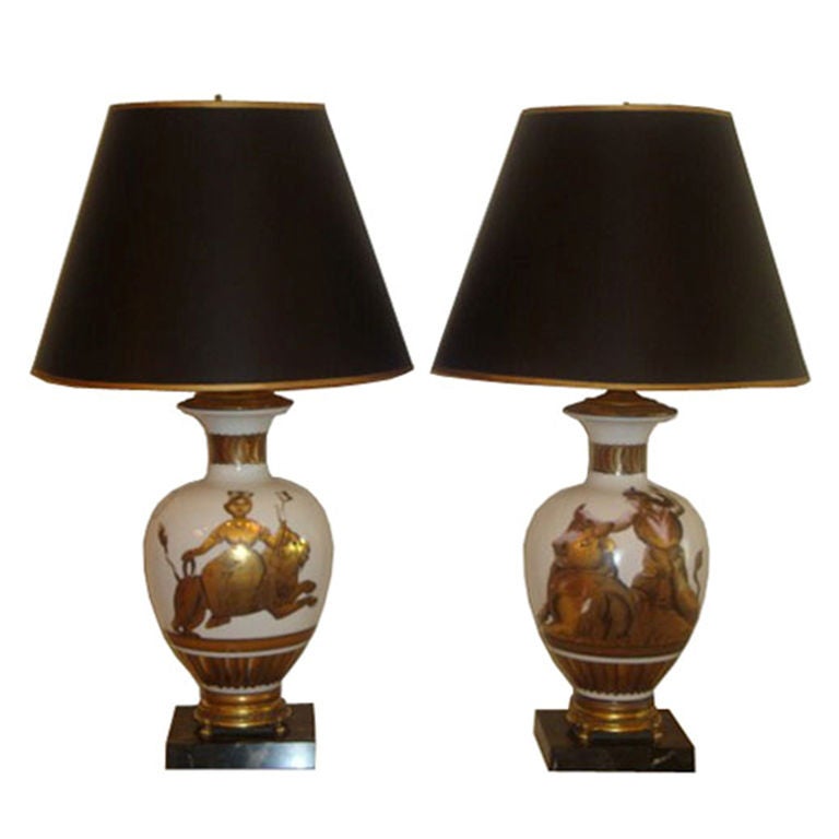 Pair of White Glass Urn Lamps