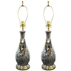Pair of Ceramic Art Deco Lamps in Black, White and Gold