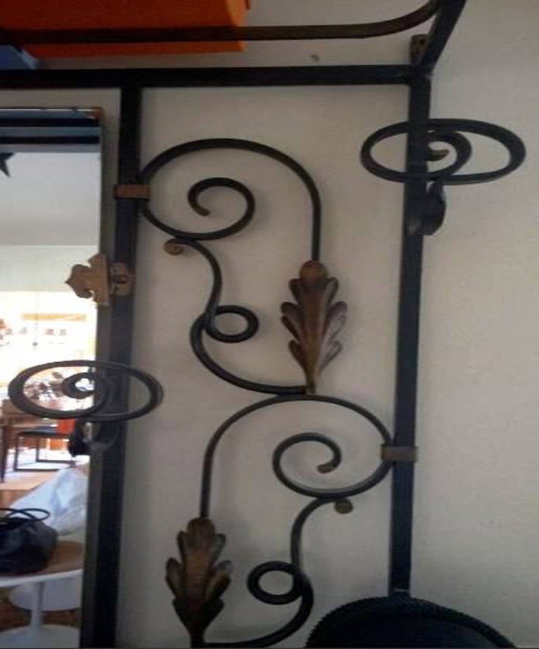 Art Nouveau Wrought Iron Black and Gold Hall Tree or Coat Rack and Mirror