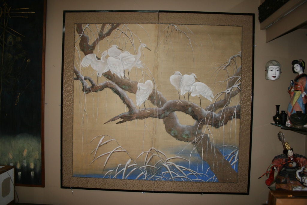 Edo Pariod Japanese two-panel screen depicting cranes on a willow branch.

3992