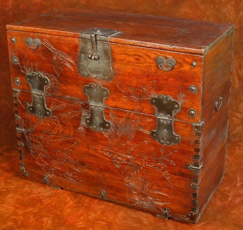 20th Century Antique Korean Chest with Hand Carved Birds and Flowers
