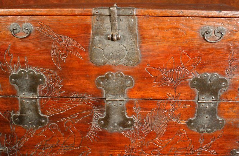 Antique Korean Chest with Hand Carved Birds and Flowers 3