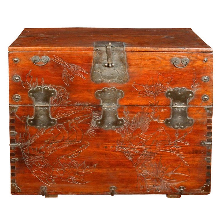Antique Korean Chest with Hand Carved Birds and Flowers