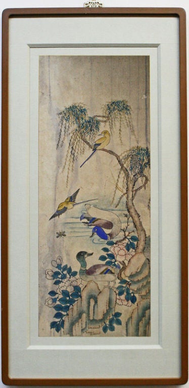 Set of Six Hwajodo. Hwajodo translates to Bird and Flower Painting, a genre of Korean folk art that is very popular among collectors. Filled with symbolism for love and a long, happy life. They are in matching frames. You can see a frame in the 2nd