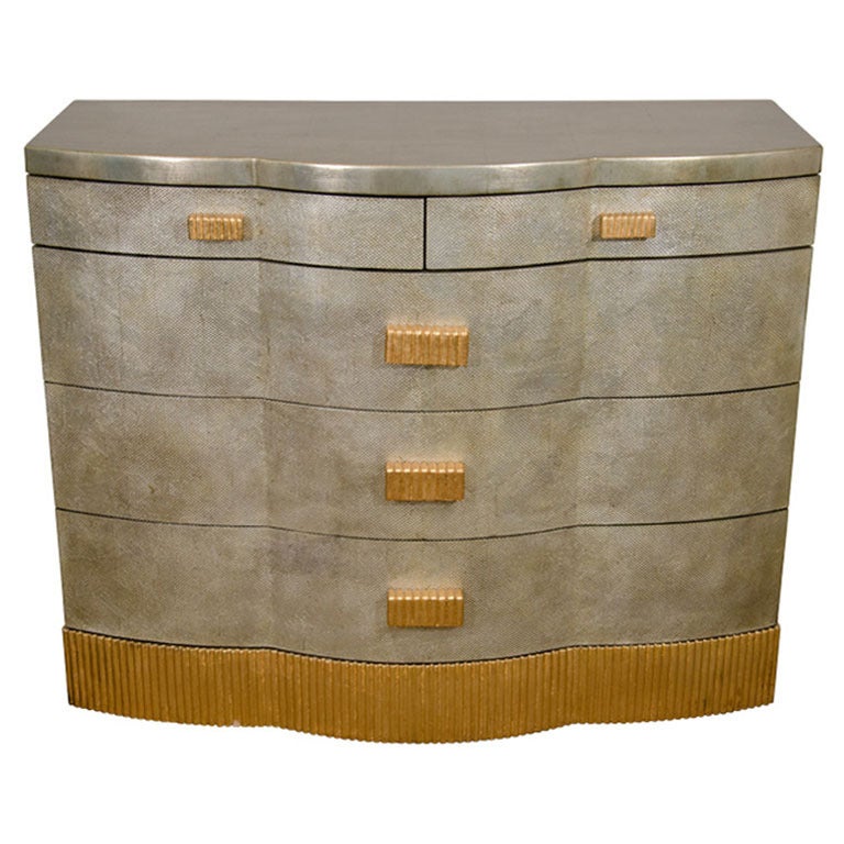 Midcentury Five-Drawer Dresser with a Silver Finish and Gilt Accents