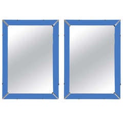  Incredible Pair of Art Deco Mirrors with Blue Mirrored Frames
