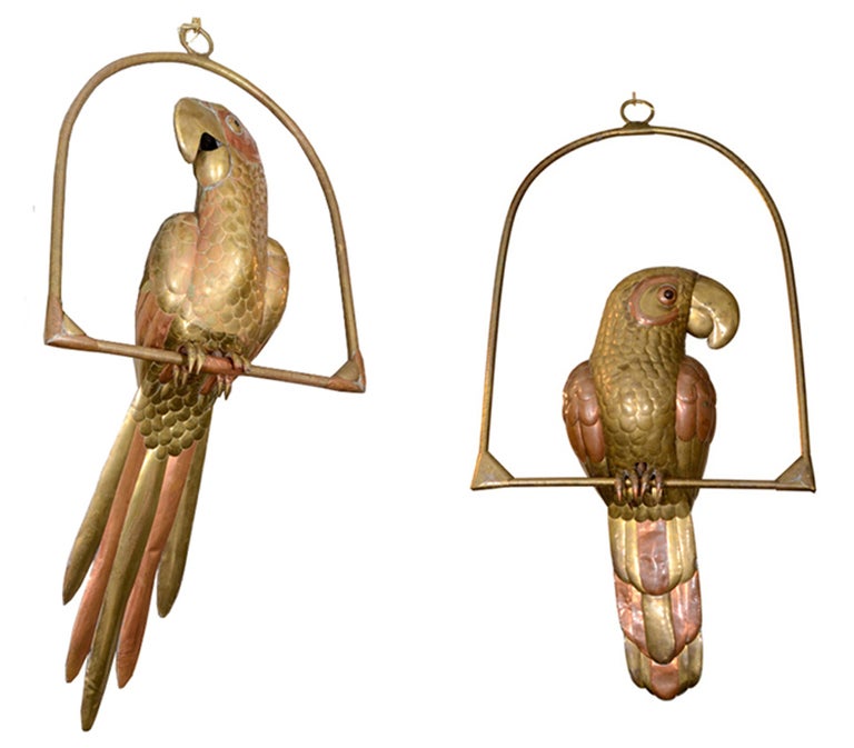 Pair of Brass Parrot Sculptures attributed to Sergio Bustamante