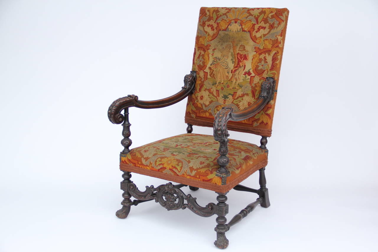 Antique Louis XIV Style Carved Fauteuil High-Back Armchair with Needlepoint at 1stdibs