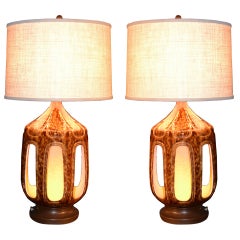 Pair of Mid Century Lamps with Faux Tortoise Glaze
