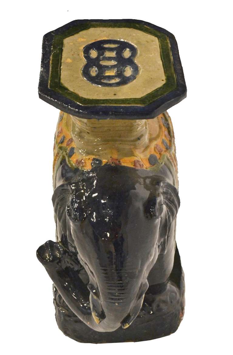 20th Century Vintage Ceramic Elephant Garden Stool in Midnight Blue