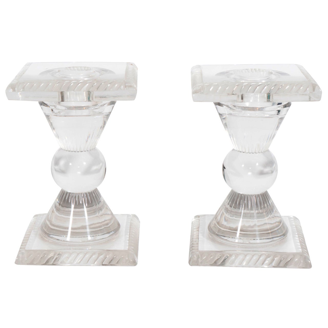 Vintage Pair of Lalique Frosted Glass Candlesticks