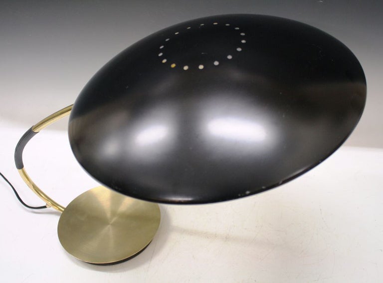 German Mid Century Brass and Black Enamel Saucer Lamp by Christian Dell