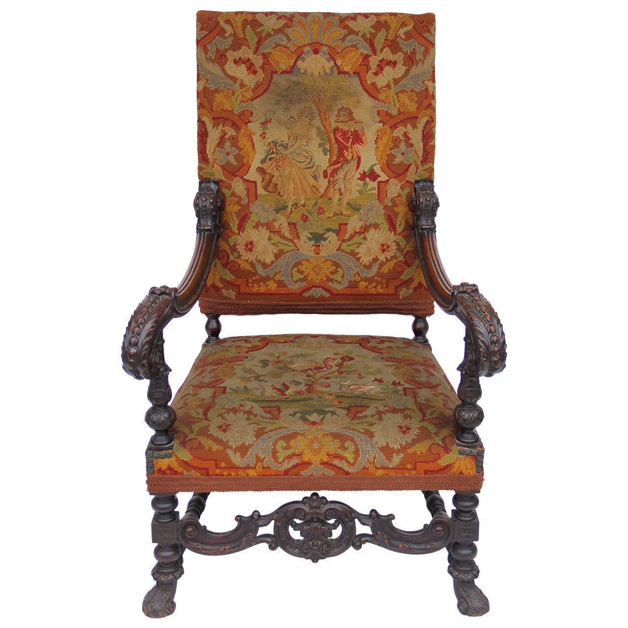 Antique Louis XIV Style Carved Fauteuil High-Back Armchair with Needlepoint