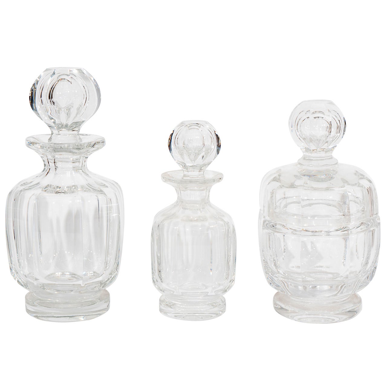 Three-Piece Clear Glass Baccarat Dresser Set For Sale