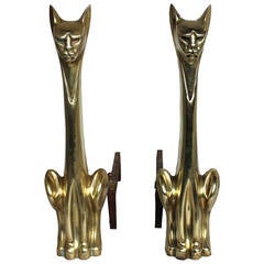 Vintage Midcentury Pair of Brass Cat Andirons