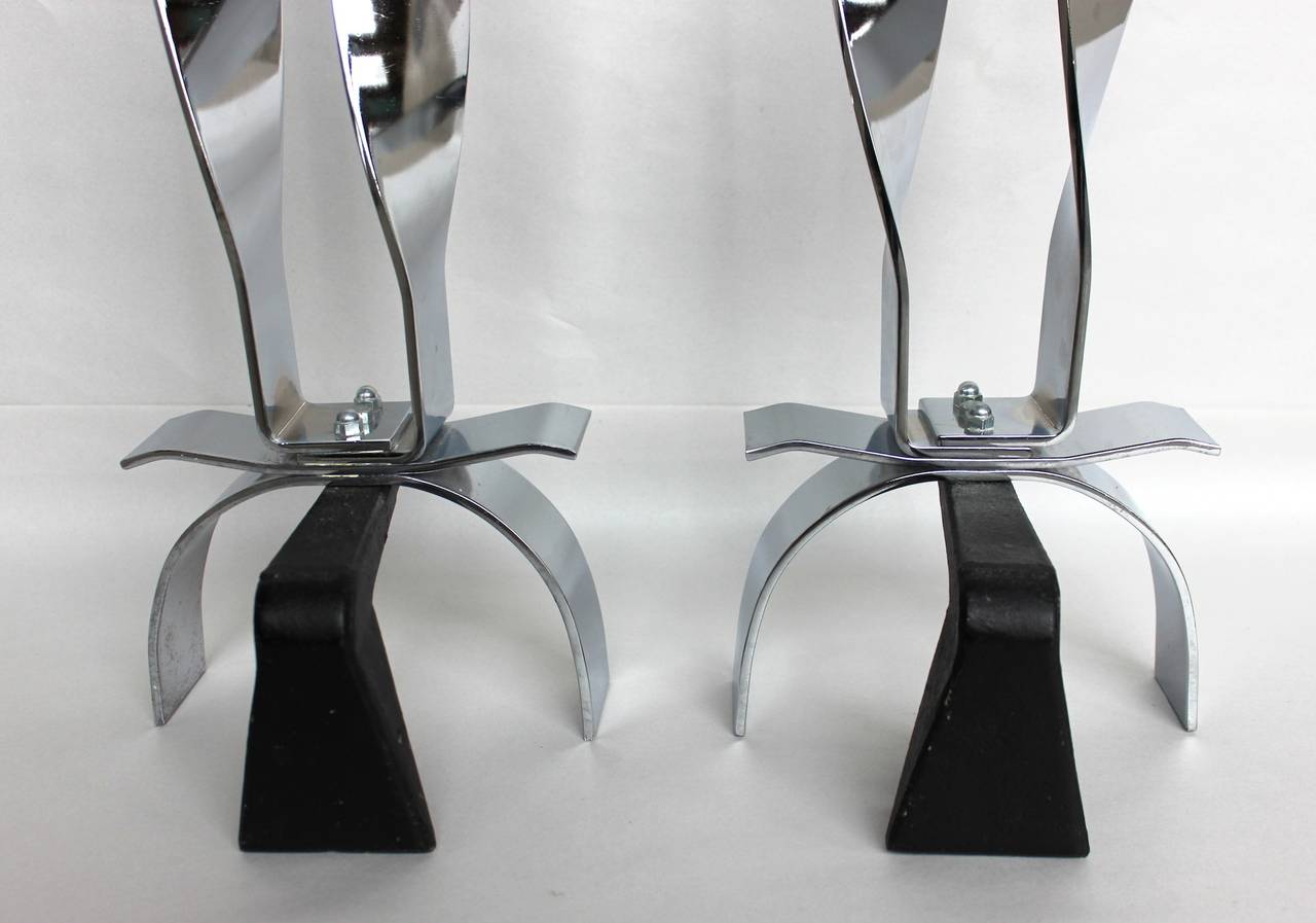 Polished Midcentury Pair of Flame Andirons