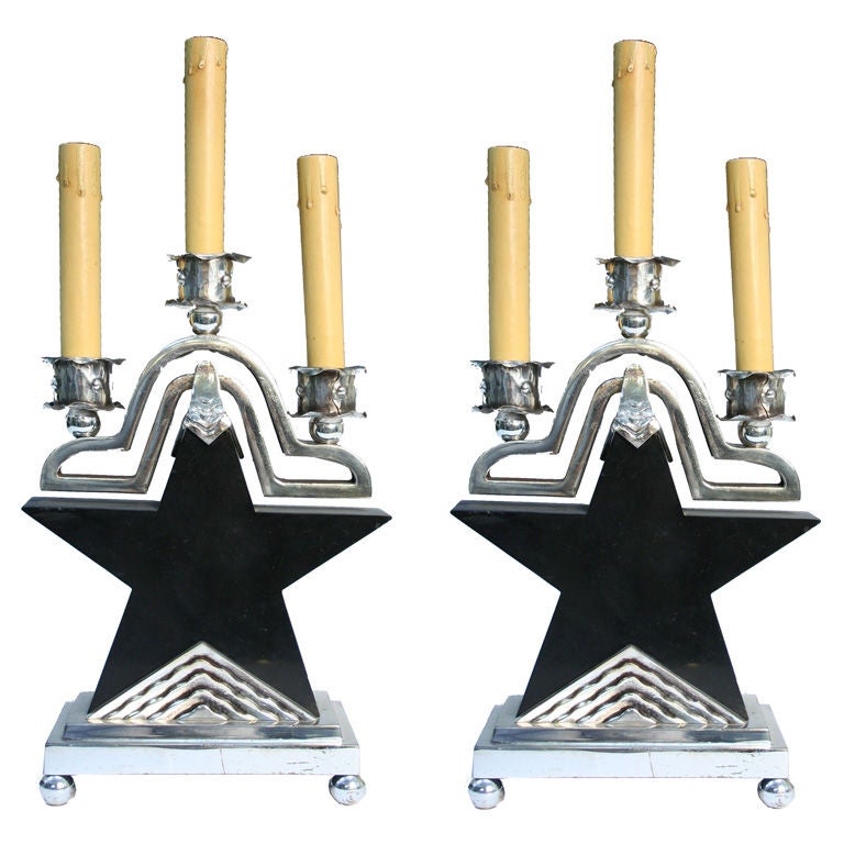 Pair of Amazing Nickeled Bronze Art Deco Star Lamps For Sale